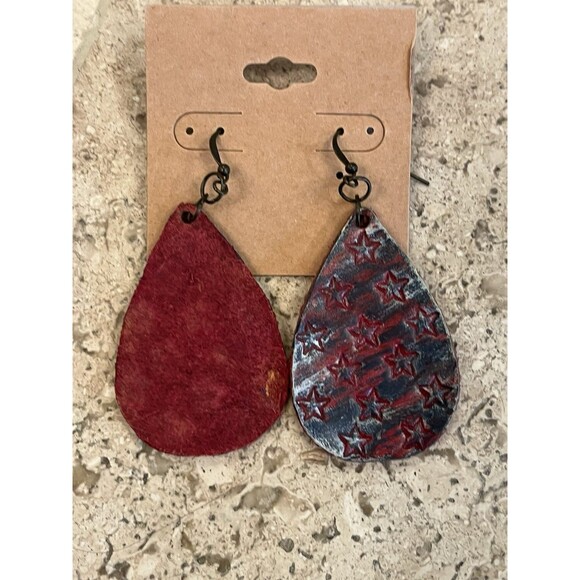 Leather Dangle Teardrop Earrings Stars USA Handmade Tooled Leather Western Boho - Picture 3 of 3